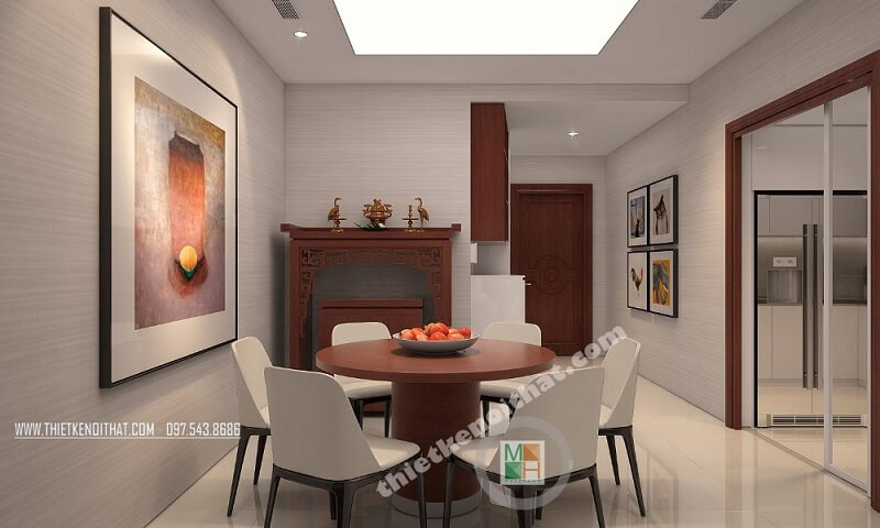 Thiết kế nội thất căn hộ chung cư Royal City Thanh Xuân tiện nghi với phòng bếp và bàn ăn liền kề rất thuận tiện mang đến cảm giác gần gũi cho gia chủ.